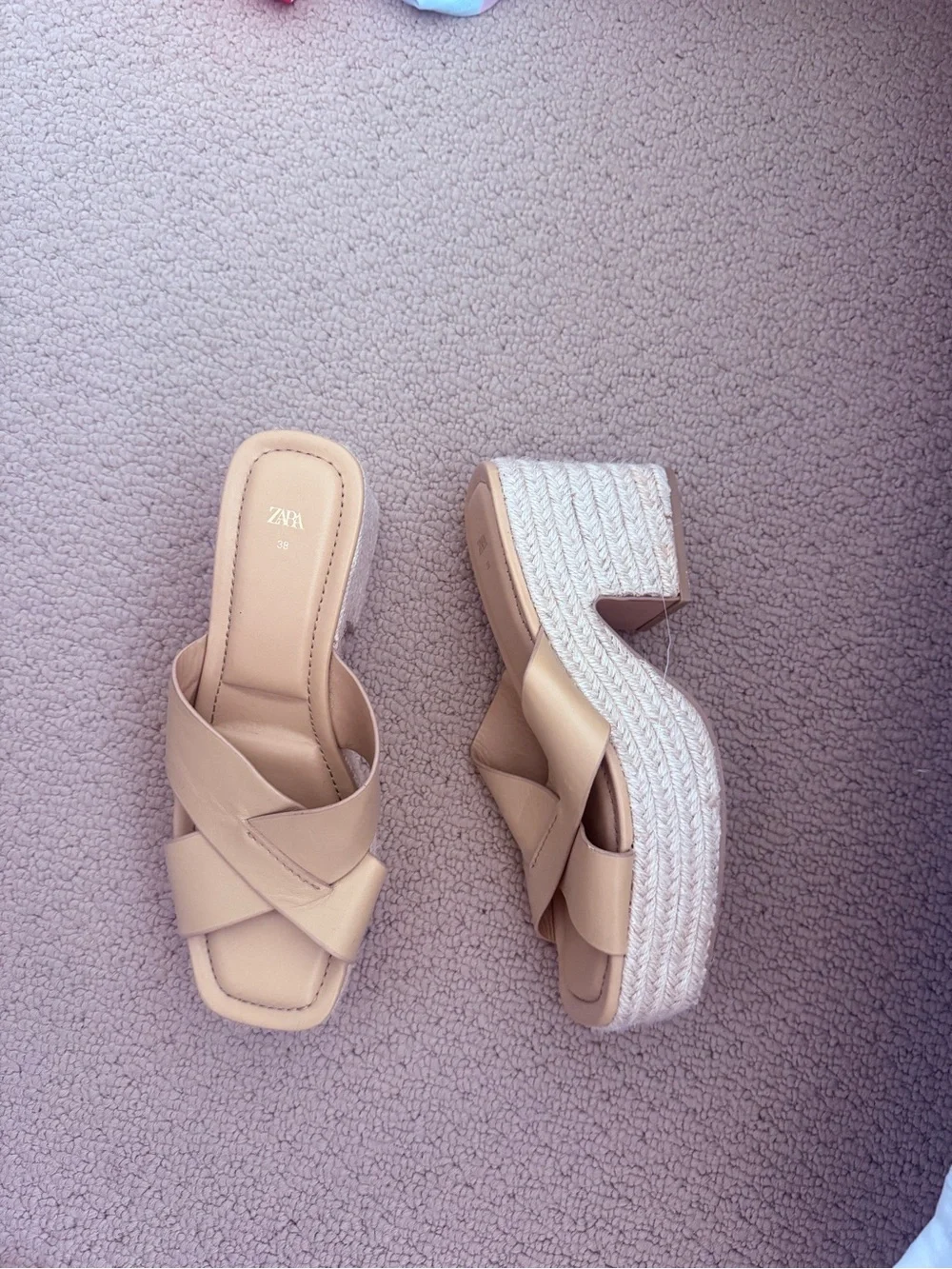 ZARA Beige Platform leather Slide Sandals